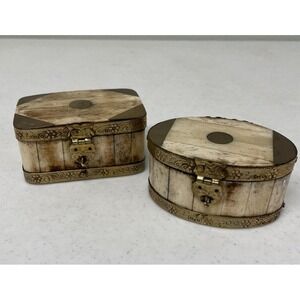 Vintage Set of 2 Handcrafted Bone‎ & Brass Hinged Trinket Jewerly Box India